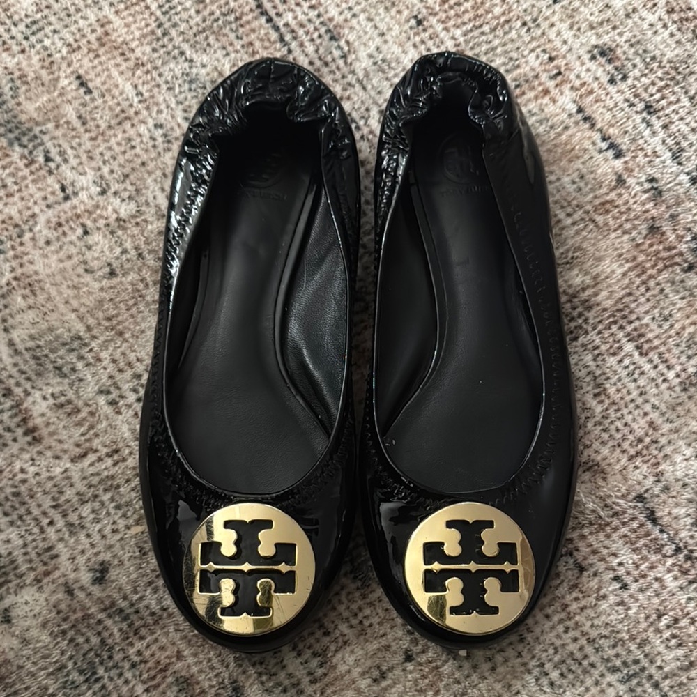 Kids Tory Burch Black Ballet Flats with Gold Logo